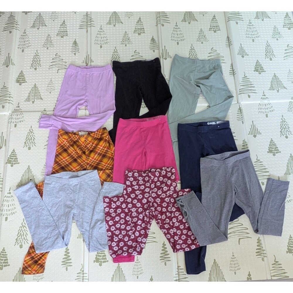 Girls Leggings Lot 9pc Size 7/8 Kids Cotton Stretch Pants Floral Plaid Solid